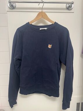 MAISON KITSUNE Navy Crewneck Sweatshirt with Fox Patch